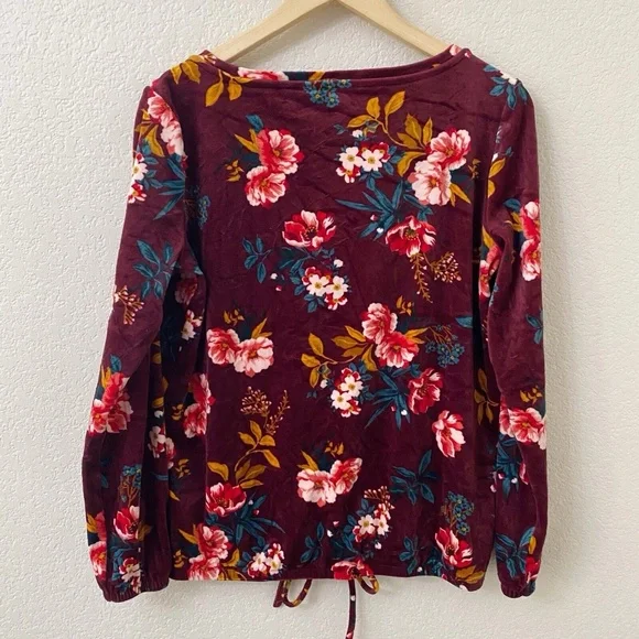 LOFT Velour Velvet Top Size Small Burgundy Floral Long Sleeves - Picture 5 of 5